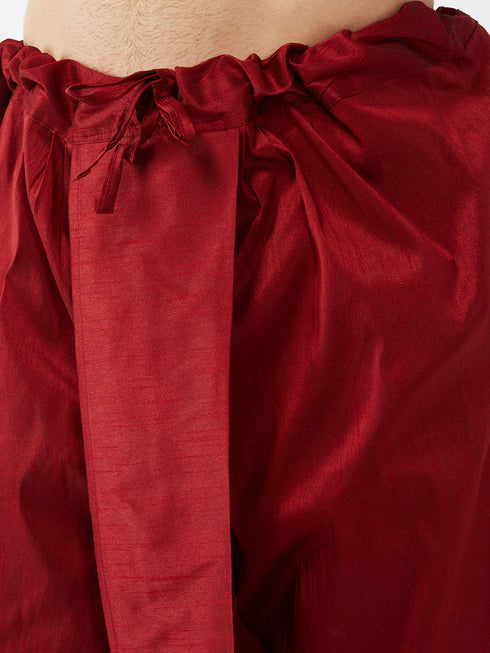 Vastramay Men's Maroon Zari Weaved Jacket With Kurta Dhoti Set